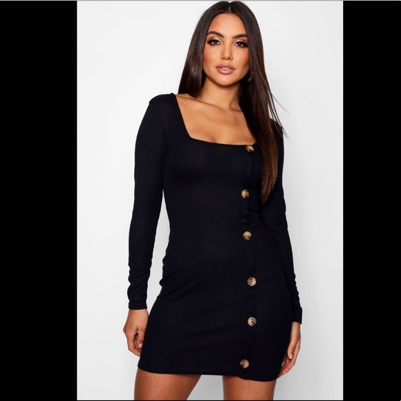 Boohoo Dresses & Skirts - Mock Horn Button Long Sleeve Ribbed Mini Dress